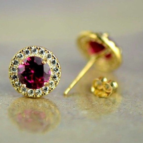 Solid 14K Yellow Gold Round Halo Push Back Earrings with Sparkling Birthstone - Picture 9 of 15